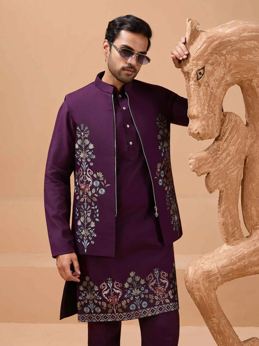 Plum Purple Kurta Set With Sequins Embroidery Jacket