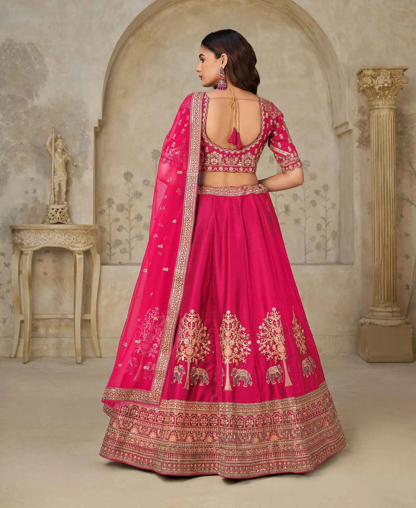 Hot Pink Bridal Ensemble With Elephant Motifs