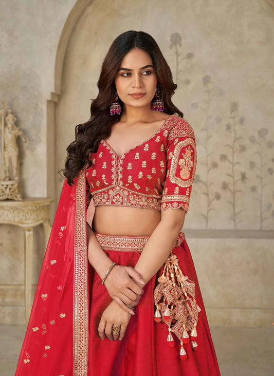 Red Bridal Lehenga Ensemble With Elephant Motifs