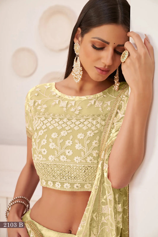 Lemon Yellow Net Lehenga Choli With White Cotton Thread Work, Zari Work & Sequence Work