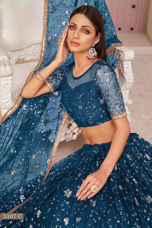 Teal Net Lehenga Choli With White Cotton Thread Work, Zari Work & Sequence Work