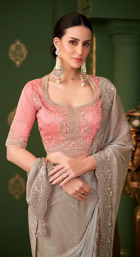 Champagne Satin georgette Heavy Embroidery Saree