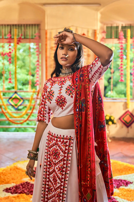 White Color Chaniya Choli For Navratri Festival Lehenga Choli