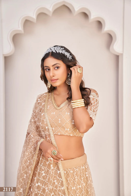 Dusty Beige Net Lehenga Choli With White Cotton Thread Work, Zari Work & Sequence Work