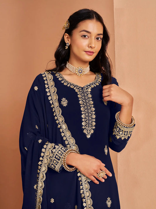 Navy Blue Georgette Palazzo Salwar Suit With Thread & Sequins Embroidery Work