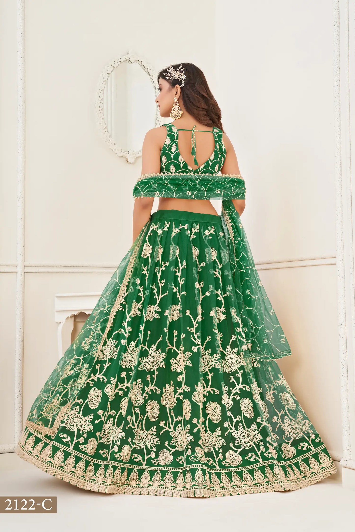 Green Net Lehenga Choli With White Cotton Thread Work, Zari Work & Sequence Work