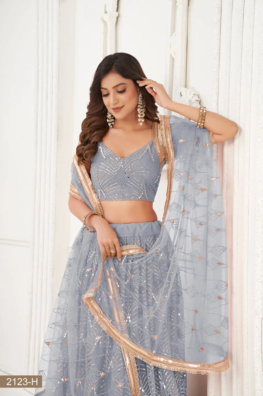 Light Grey Net Lehenga Choli With Thread Work, Mirror Work & Sequence Embroidery Work