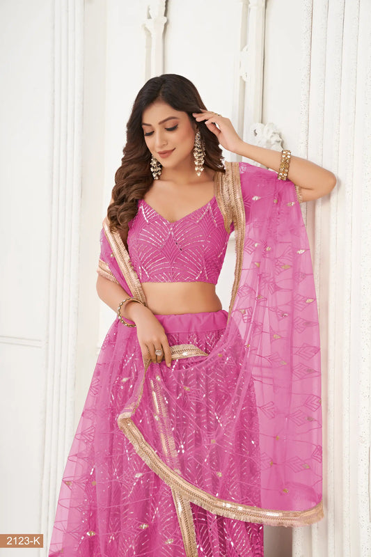 Pink Net Lehenga Choli With Thread Work, Mirror Work & Sequence Embroidery Work