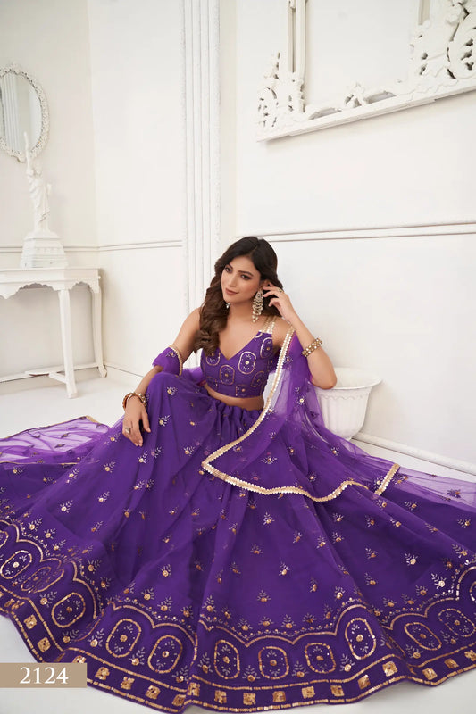 Purple Net Lehenga Choli With Thread Work & Sequence Work
