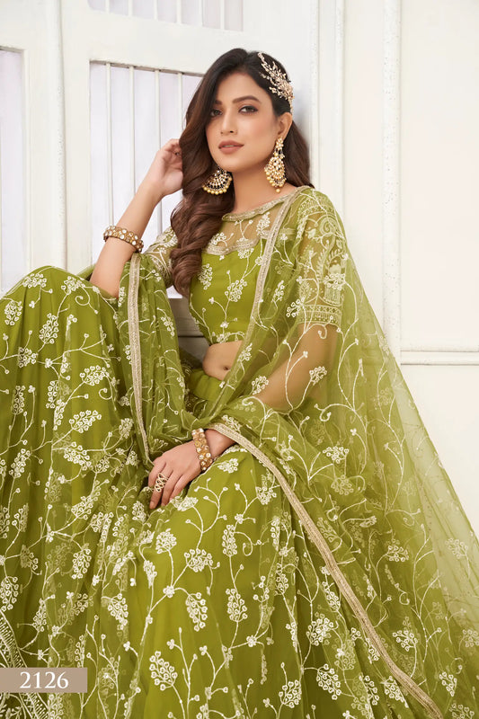 Olive Green Net Lehenga Choli With White Cotton Thread Work, Zari Work & Sequence Work