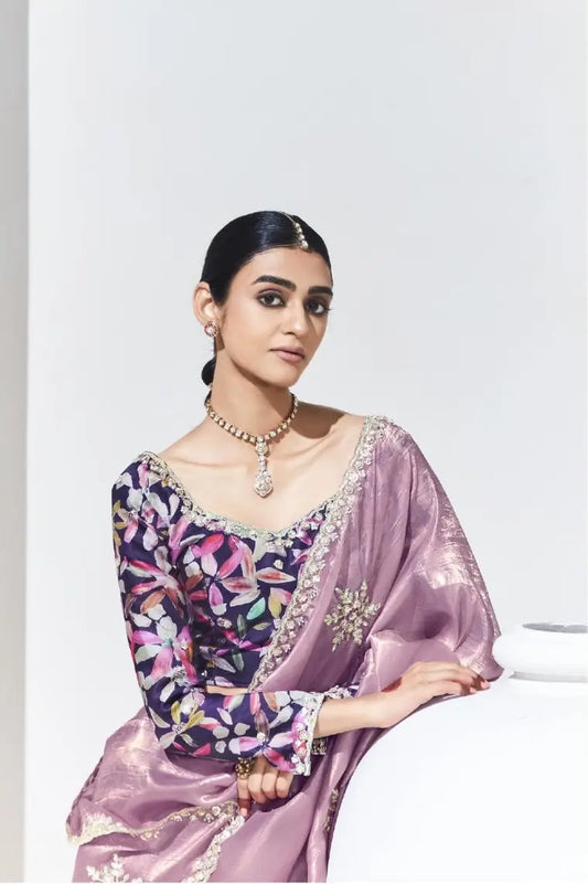 Dusty Pink Glass Organza Saree With Digital Print, Sequence & Thread Embroidery Work