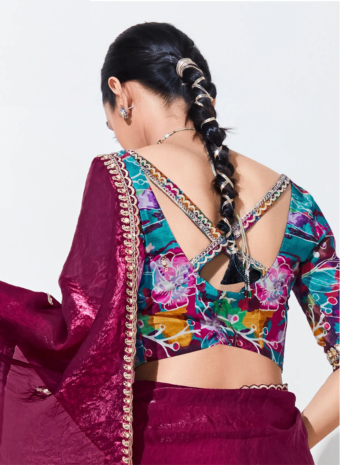 Wine Red Glass Organza Saree With Digital Print, Sequence & Thread Embroidery Work