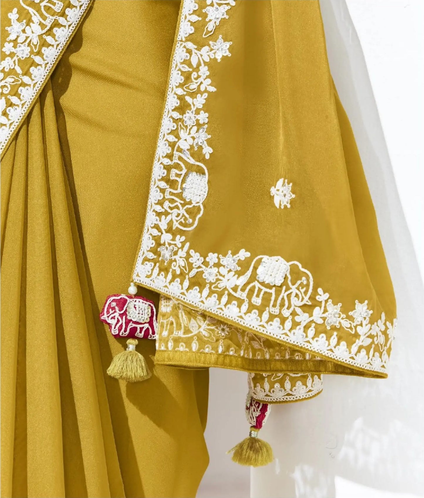 Yellow Glass Organza Saree With Digital Print, Sequence & Thread Embroidery Work