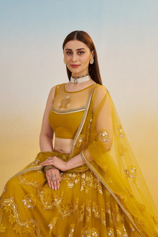 Yellow Net Lehenga Choli With Thread & Sequins Embroidery Work