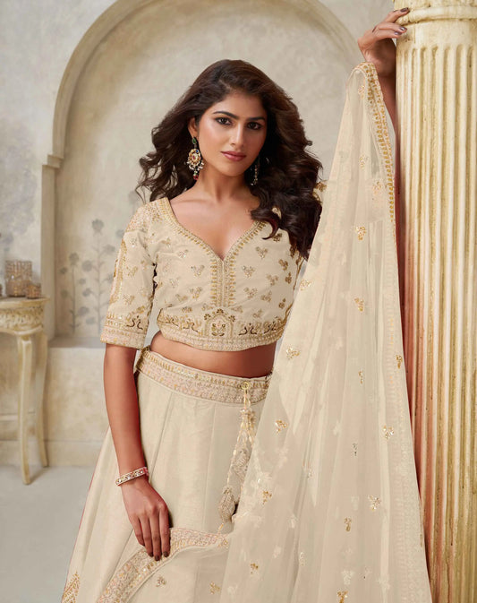 Elegant Beige Wedding Lehenga With Leaf Embroidery