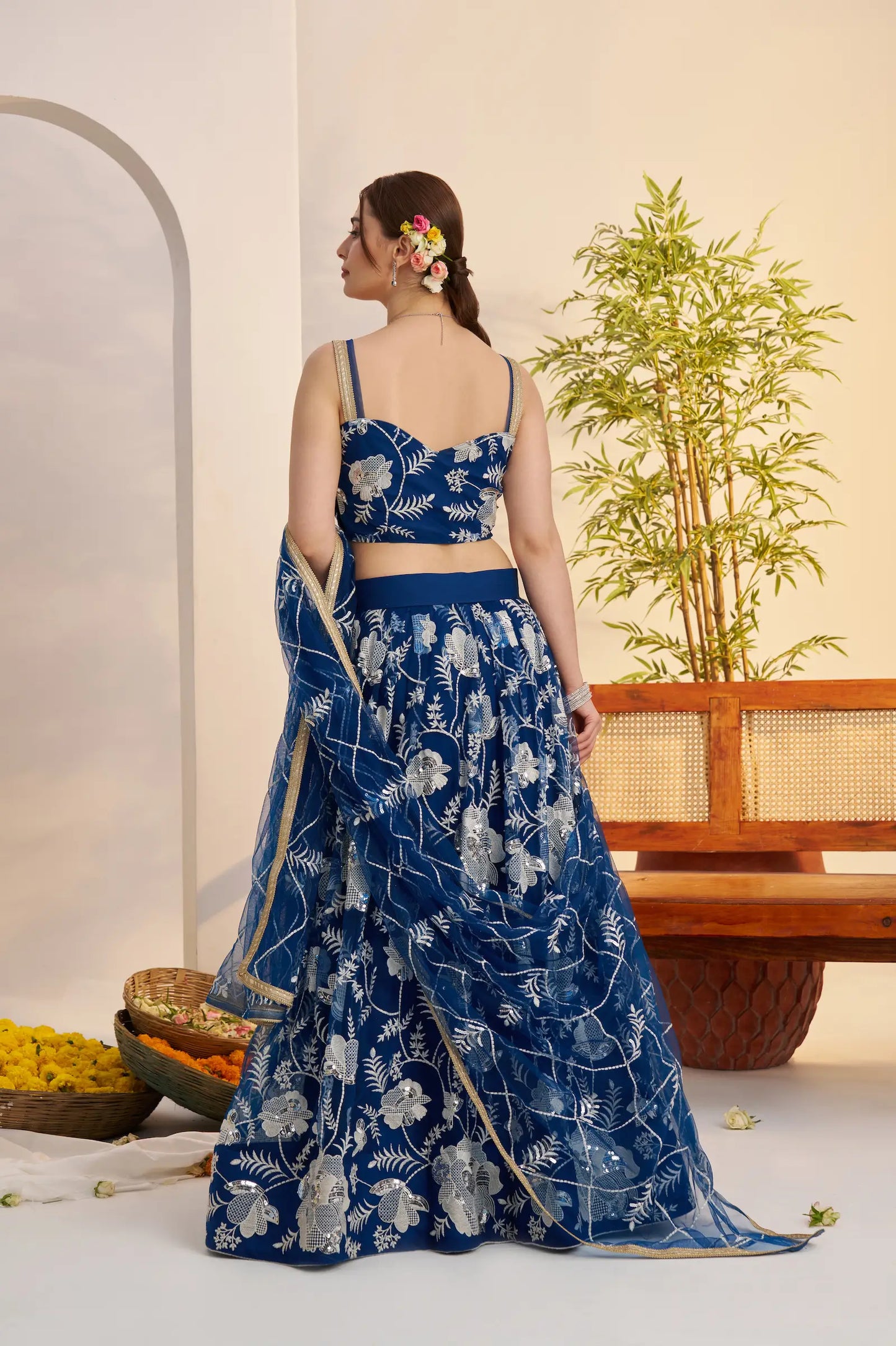 Peacock Blue Net Lehenga Choli With Embroidery Work