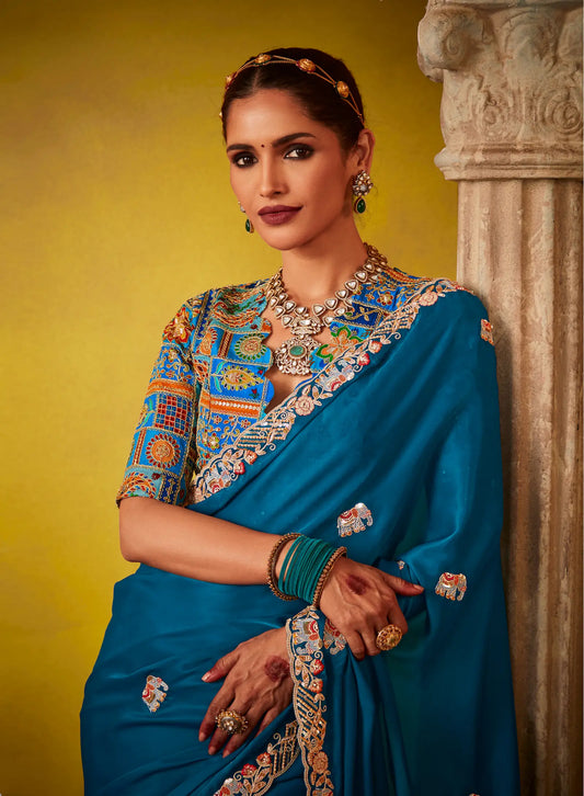Teal Blue Glass Tissue Saree With Digital Print, Sequence & Thread Embroidery Work