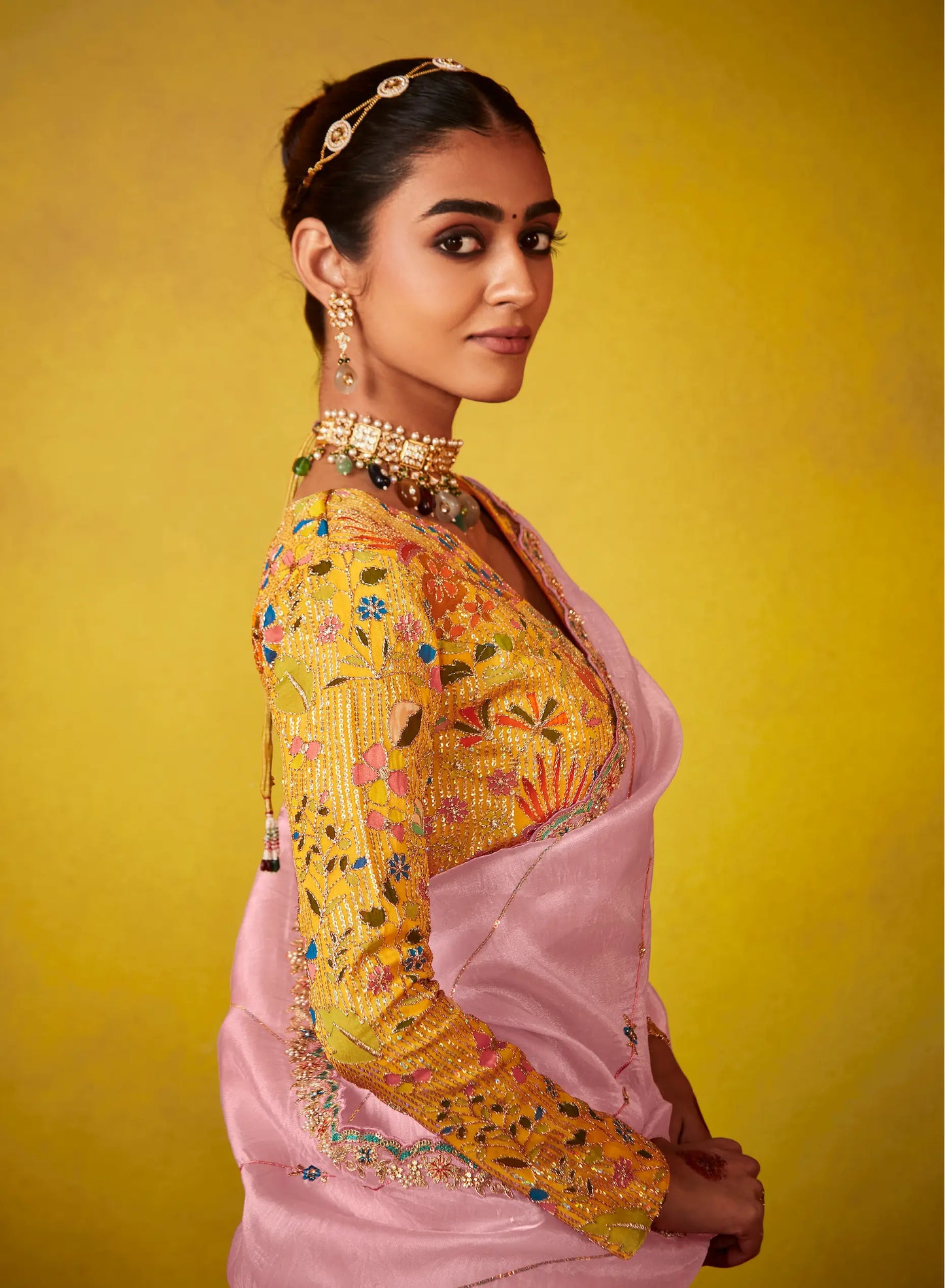 Light Pink Glass Tissue Saree With Digital Print, Sequence & Thread Embroidery Work