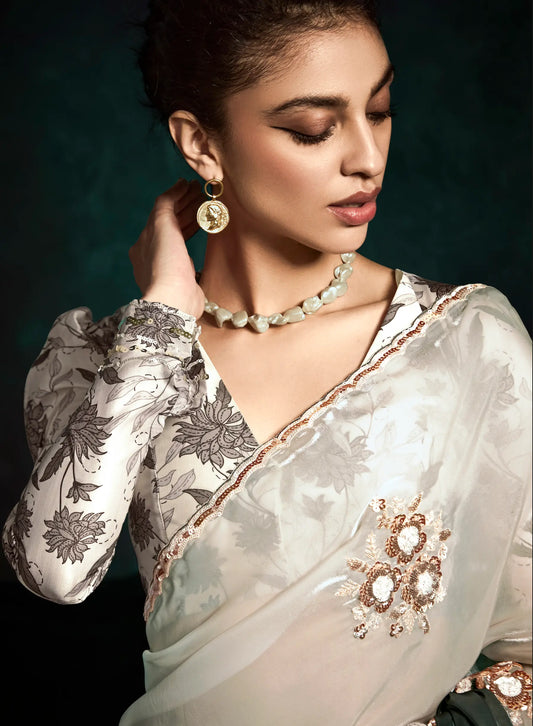 Shaded Glass Organza Saree With Digital Print, Sequence & Thread Embroidery Work