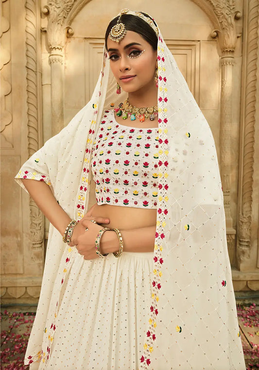 Dusty White Georgette Thread with Sequence Embroidery Work Lehenga Choli