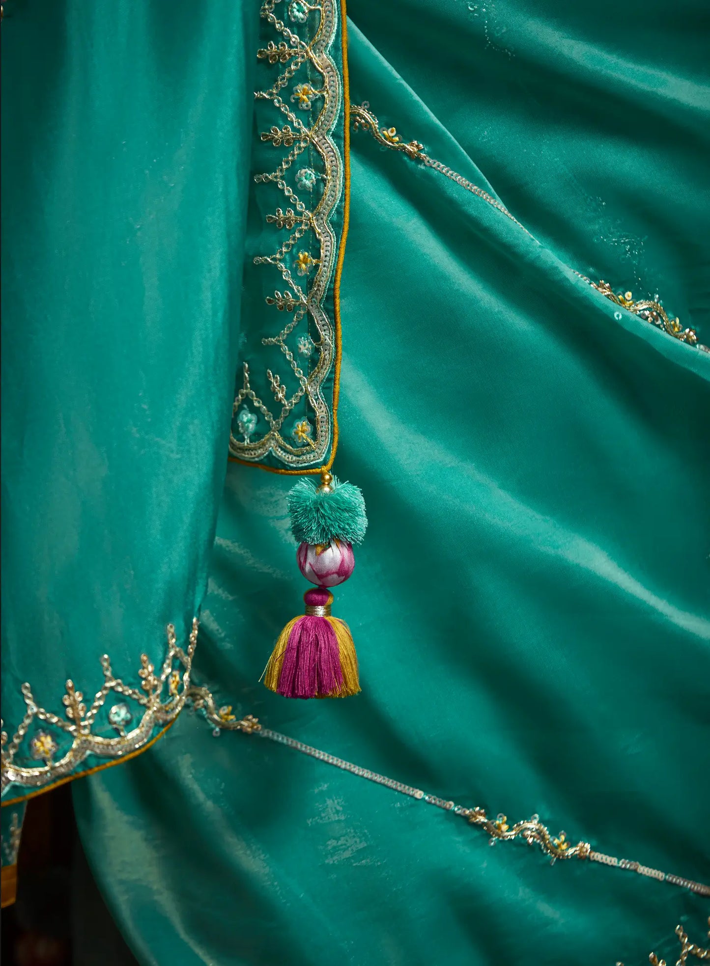 Teal Green Glass Organza Saree With Digital Print, Sequence & Thread Embroidery Work