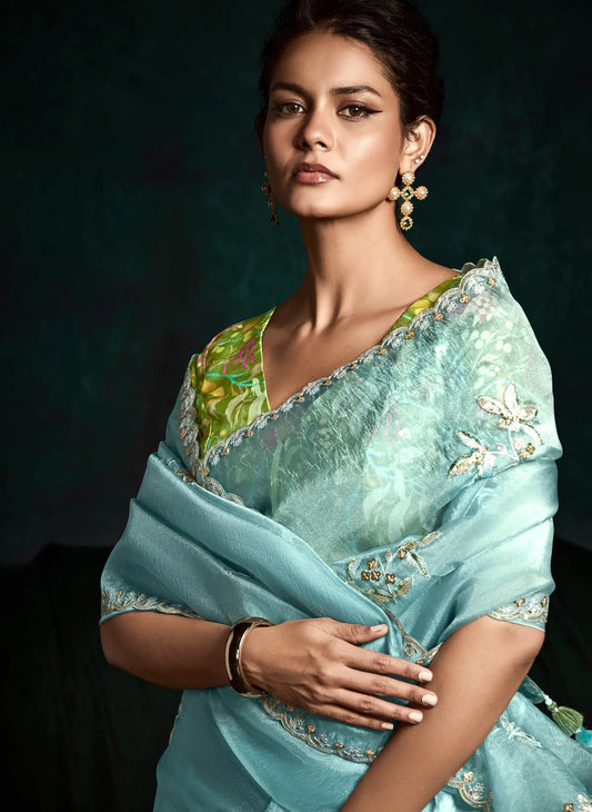Sky Blue Glass Organza Saree With Digital Print, Sequence & Thread Embroidery Work