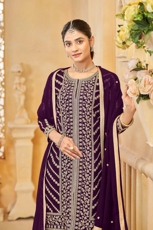 Wine Georgette Thread & Sequins Embroidery Work Sharara Set