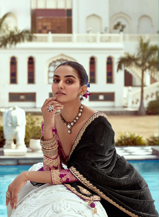 Black Organza Embroidery Work Party wear Saree