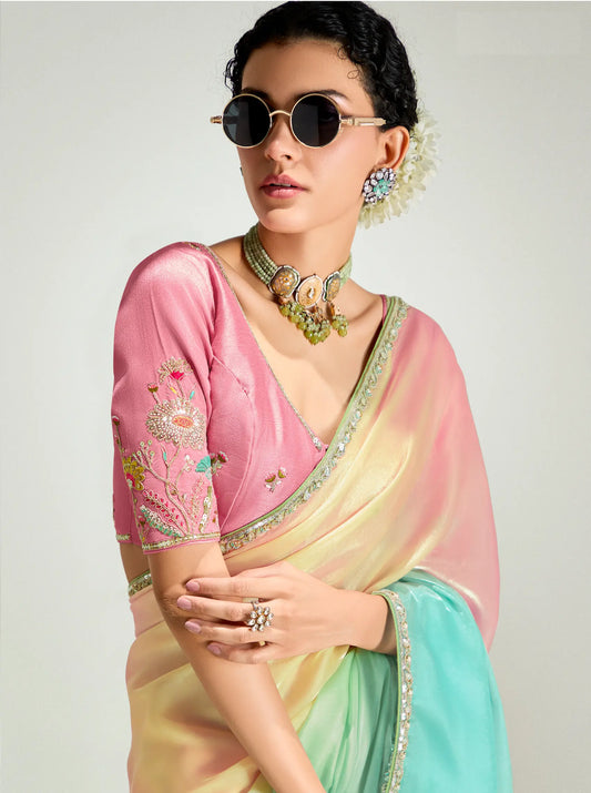 Salmon Pink-Multicolor Organza Embroidery Saree