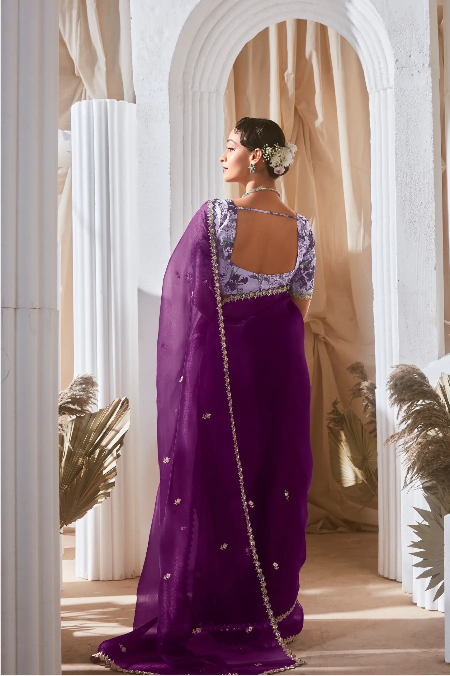 Deep Purple Fancy Tissue Embroidery Work Saree