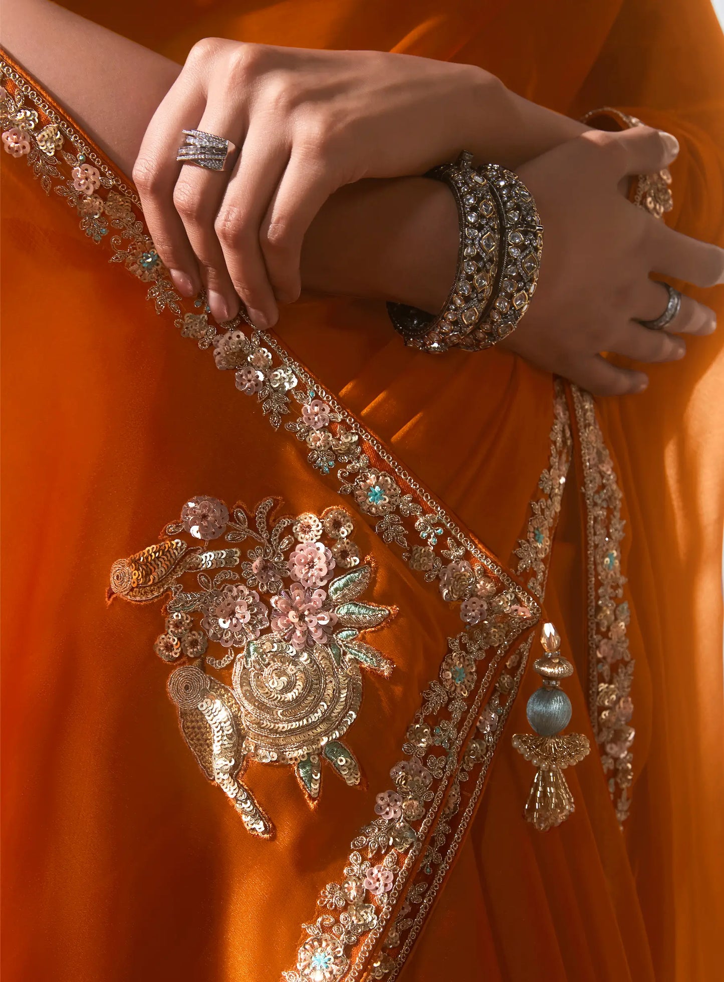 Bright Orange Fancy Tissue Embroidery Work Saree