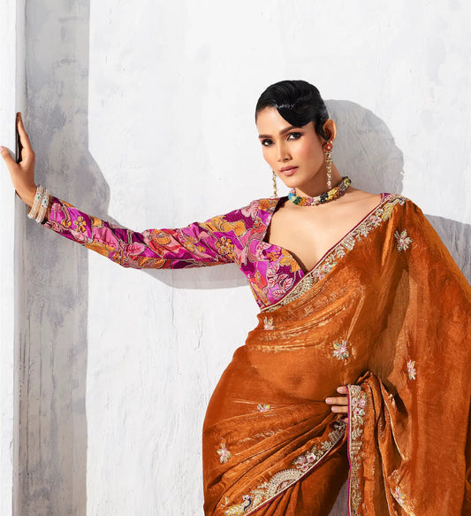 Rust Orange Glass Tissue Embroidery Party Wear Saree