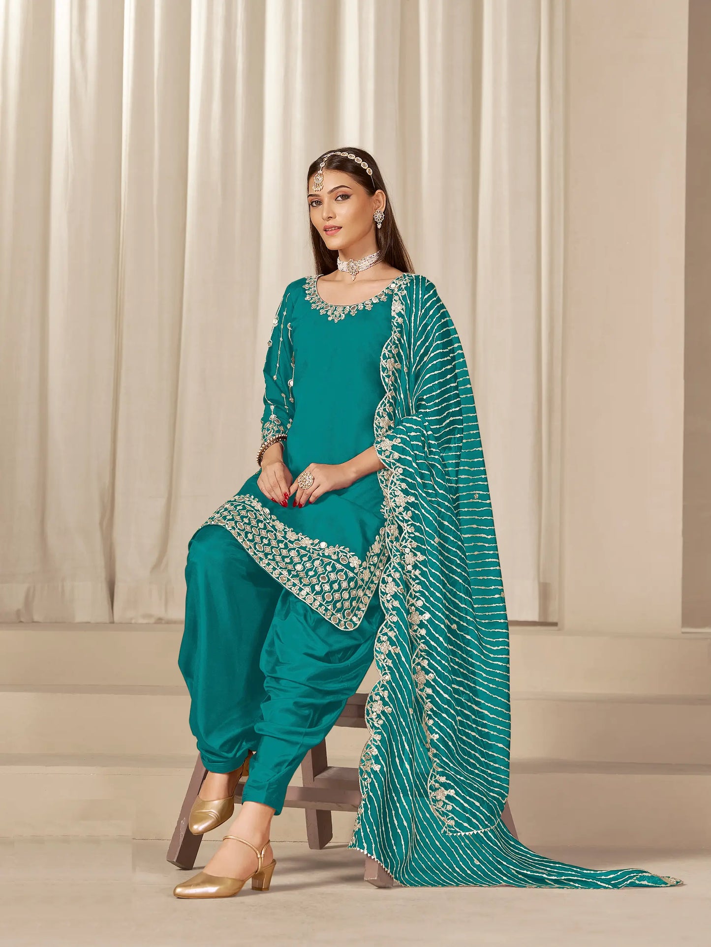 Aqua Blue Roman Silk Mirror & Embroidery Work Salwar Suit