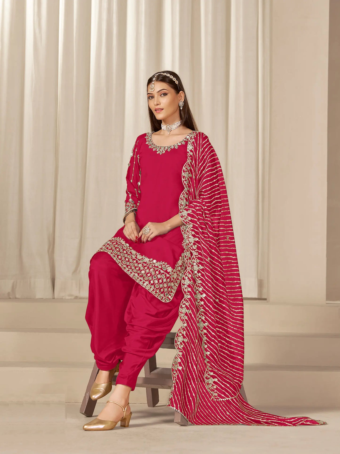 Red Roman Silk Mirror & Embroidery Work Salwar Suit