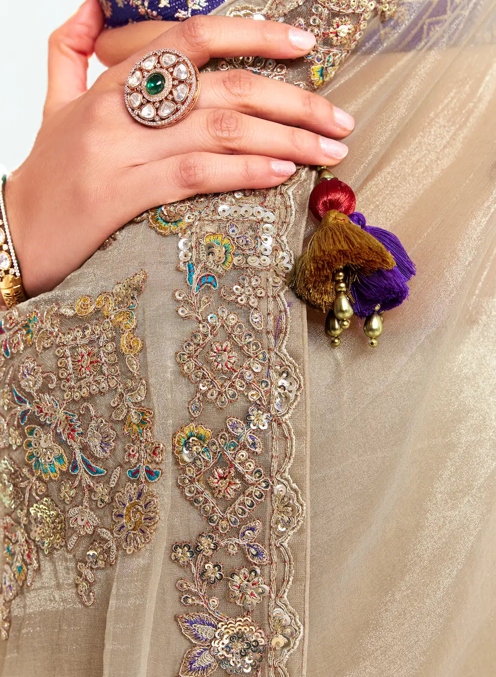 Champagne Embroidered Party Wear Saree