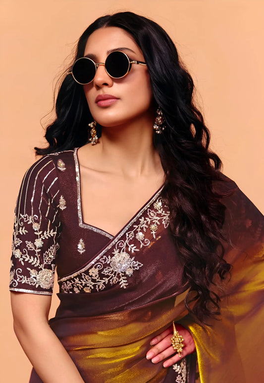 Cocoa Brown Satin Embroidery Saree