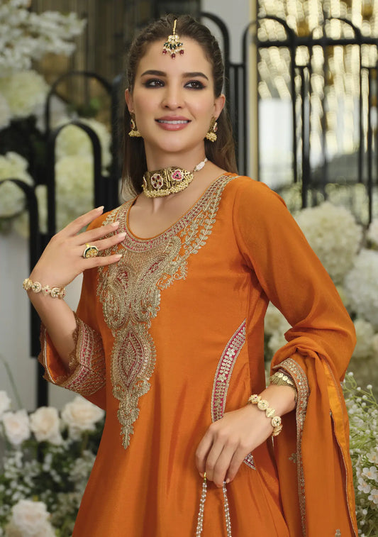 Bright Orange Chinon Embroidered Salwar Suit