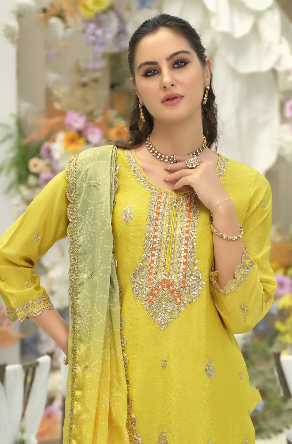 Yellow-Green Chinon Embroidered Salwar Suit