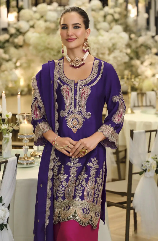 Plum Purple Chinon Embroidered Salwar Suit