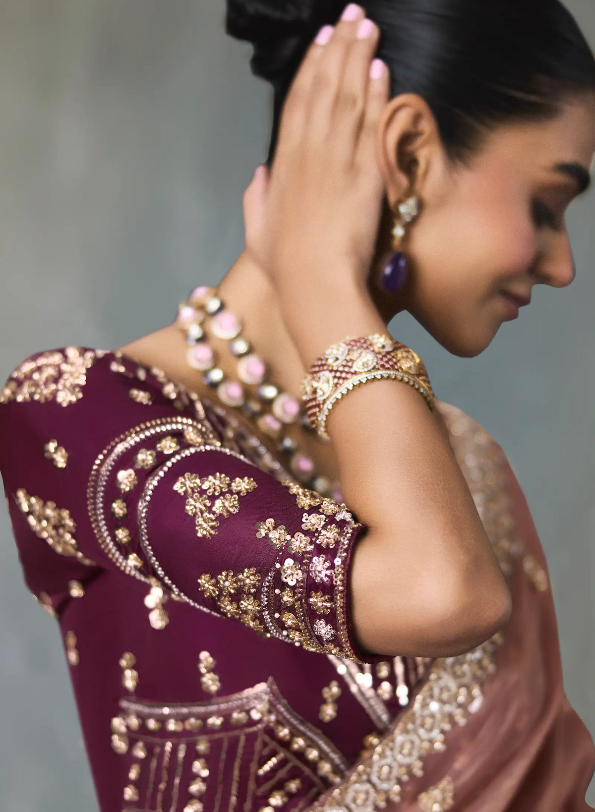 Mauve Pink Bead Work Party Wear Saree