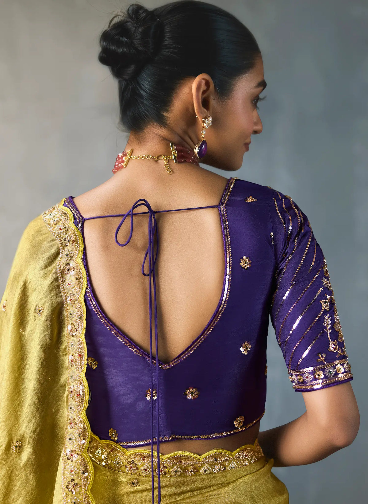 Olive Yelllow Bead Work Party Wear Saree