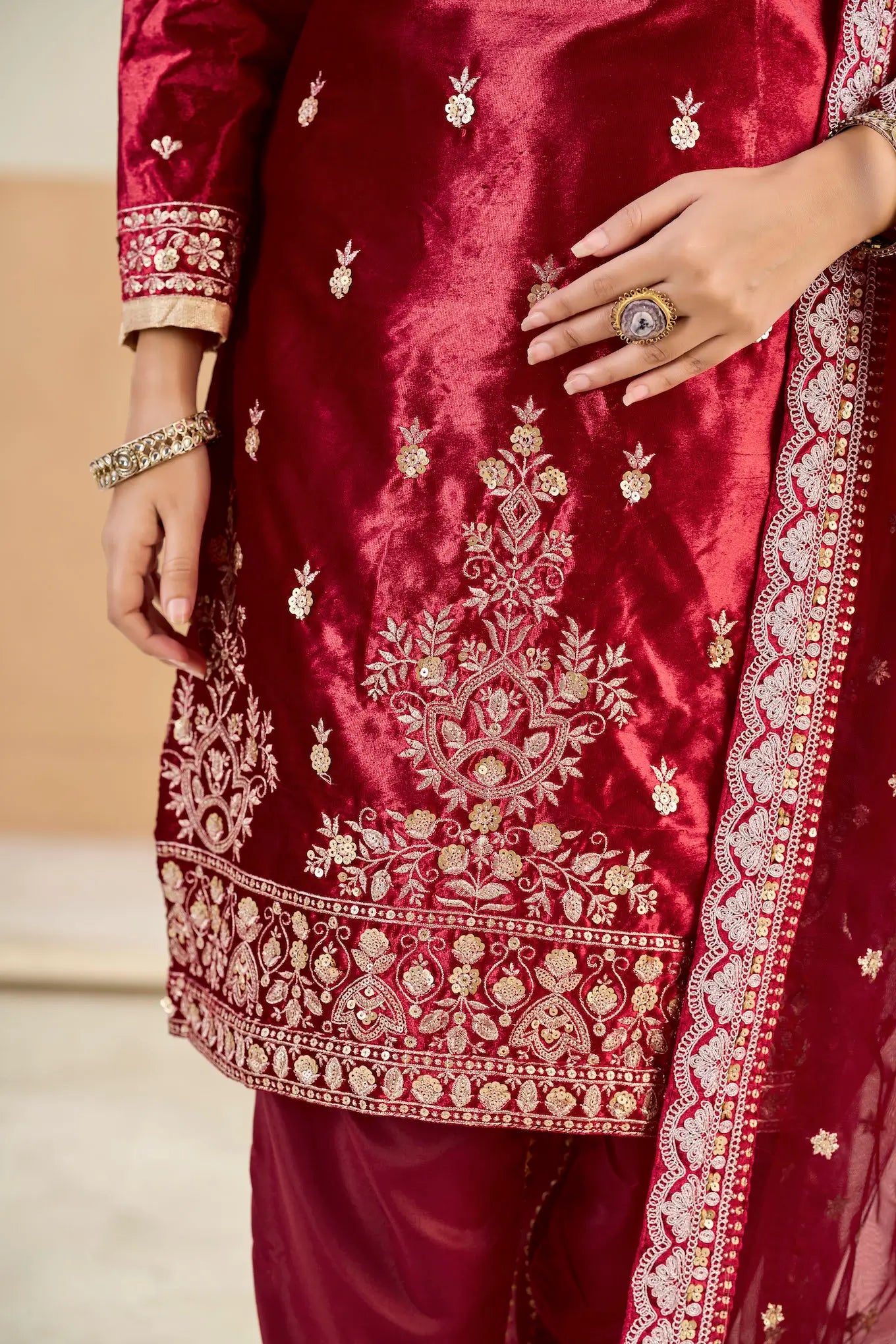 Hot Red Velvet Embroidered Salwar Suit