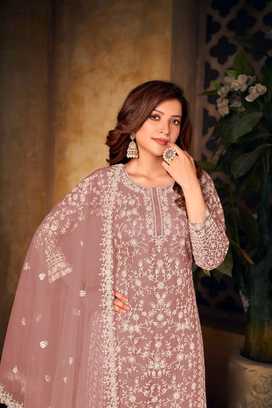 Dusty Peach Net Thread & Sequence Embroidery Work Salwar Suit