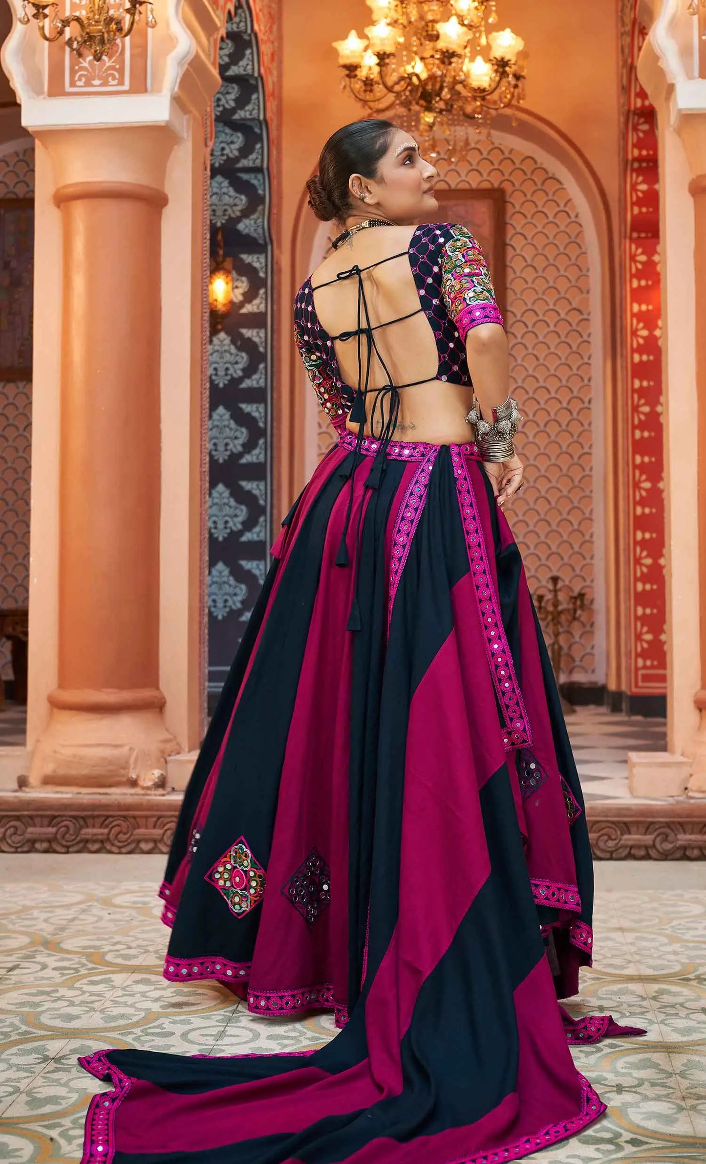 Navy Blue And Pink Embroidery With Mirror Work Navratri Lehenga Choli