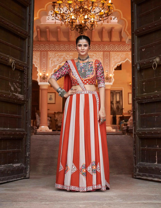 Orange And White Embroidery With Mirror Work Navratri Lehenga Choli