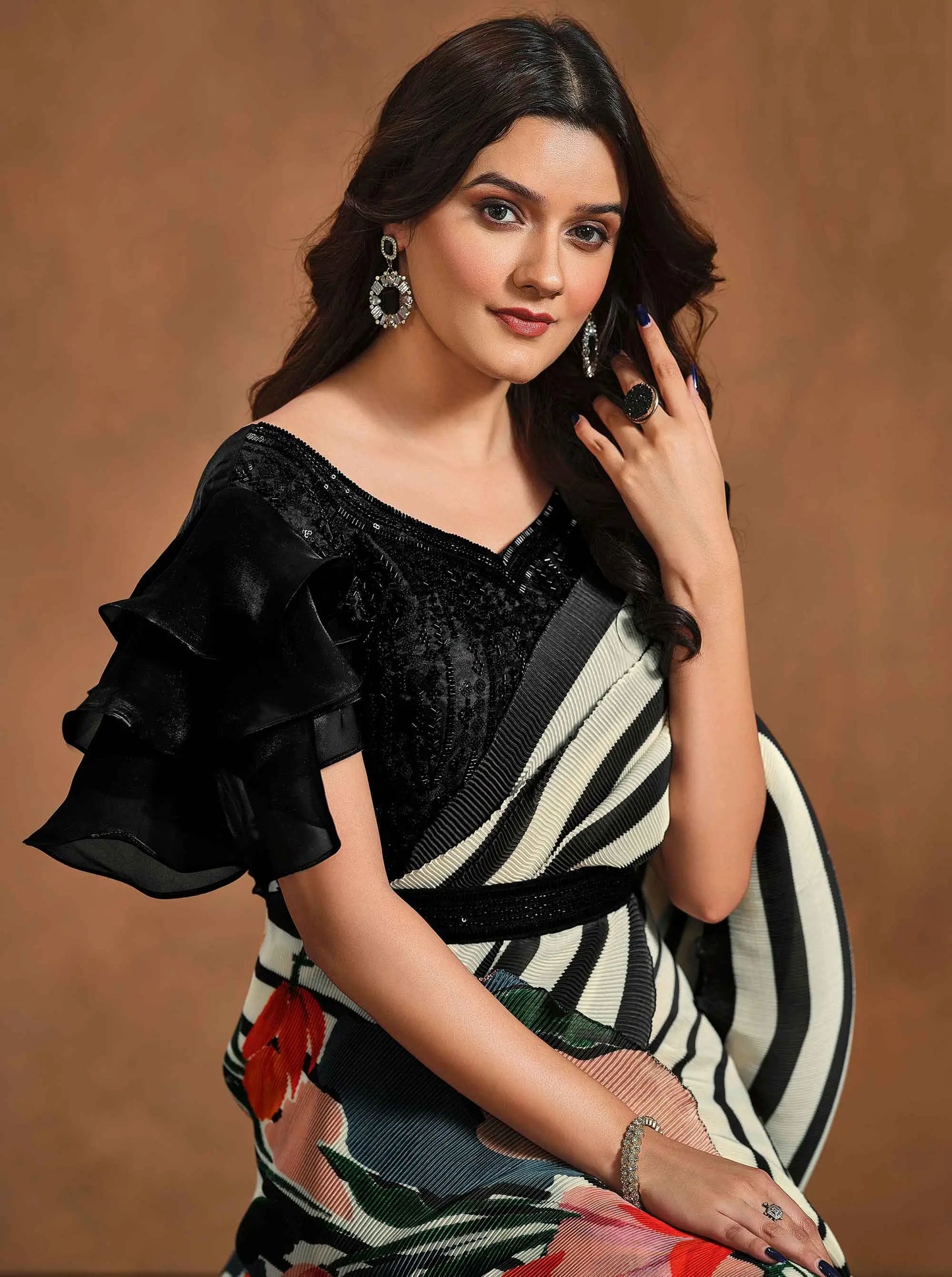 Black And White Floral Digital print Ready To Wear Saree With Hand Work Blouse