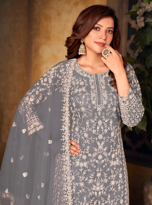 Grey Net Thread & Sequence Embroidery Work Salwar Suit
