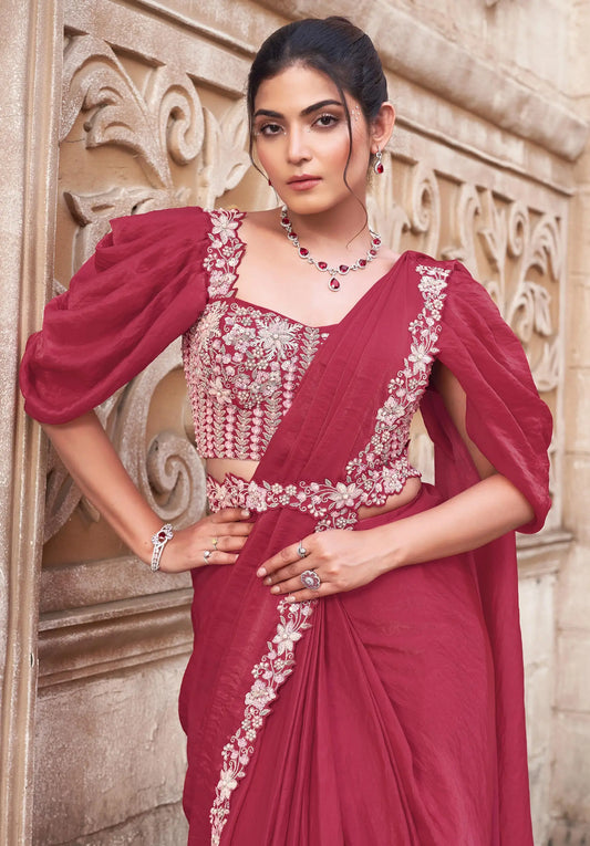 Light Maroon Duel Sequins With Hand Work Ready To Wear Saree With Belt