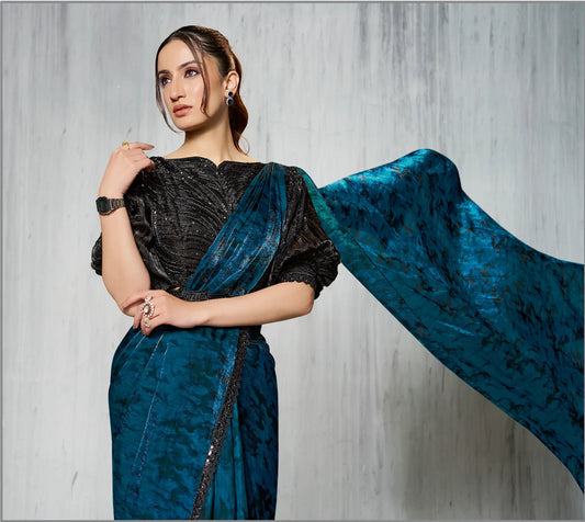 Venice Blue Shaded Satin Silk Beads Work One Minute Saree