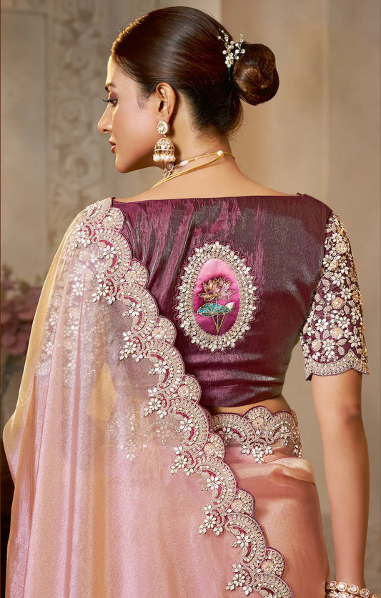Dusty Pink Organza Silk Saree With Embroidery & Hand Work